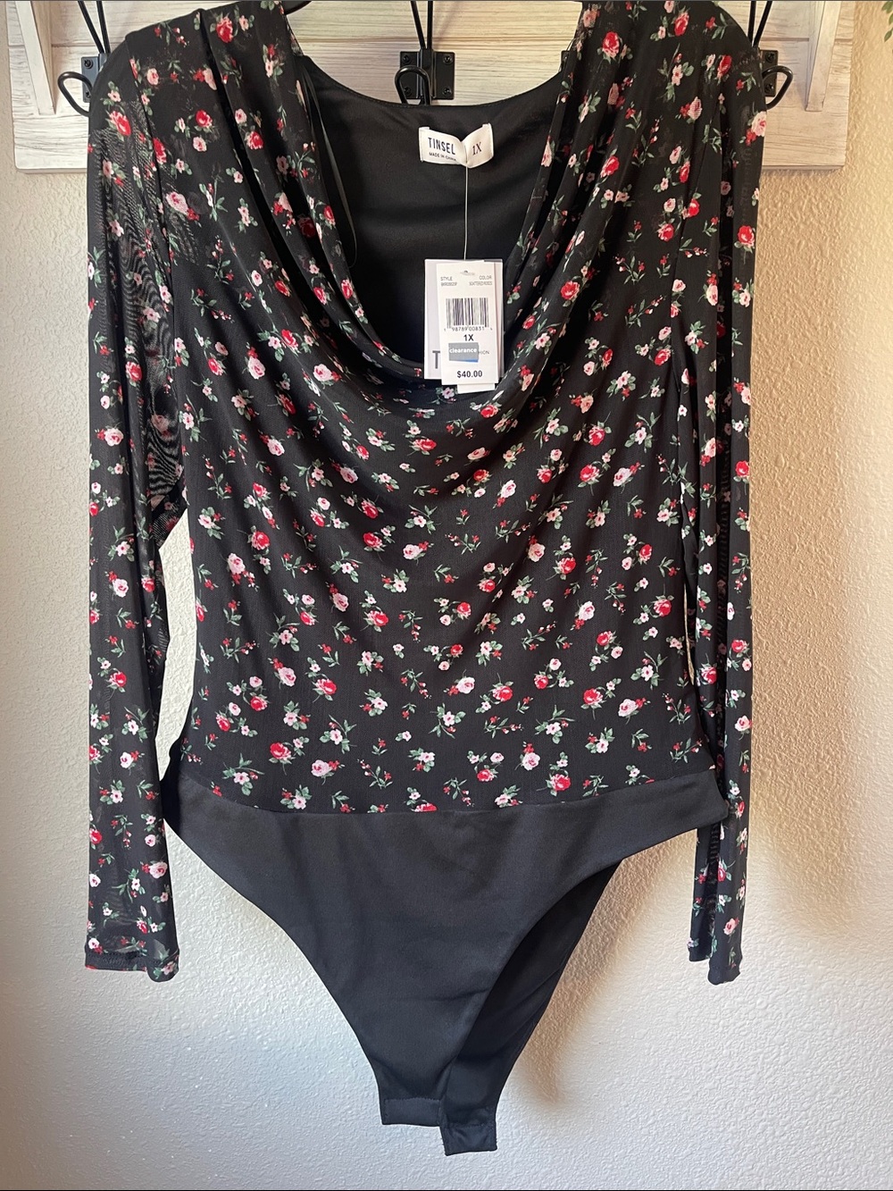 Tinsel Black Floral Cowl-Neck Long-Sleeve Bodysuit Sweater